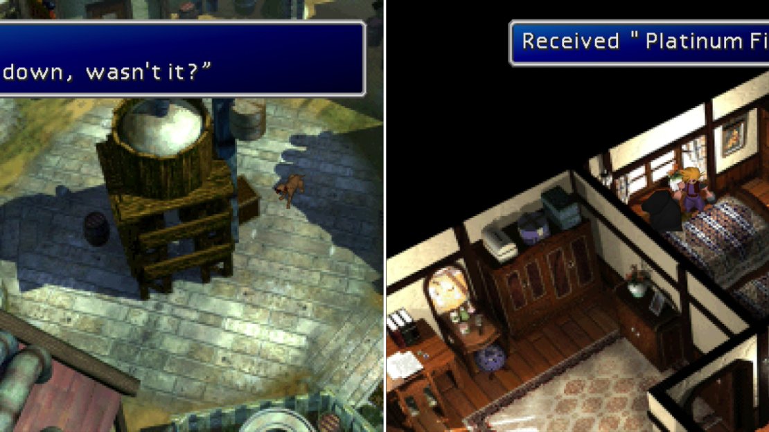 Cloud returns to Nibelheim only to find the town oddly intact, despite being destroyed by Sephiroth five years ago… (left). Talk to the black-cloaked figures to rob them of various goodies (right).