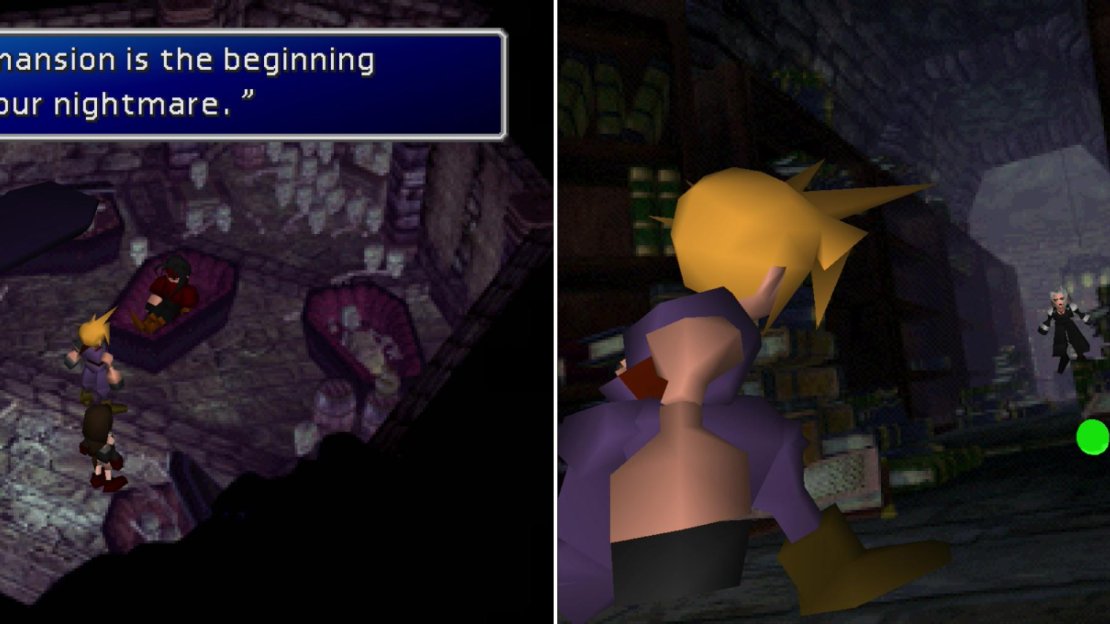 With the “Key to the Basement” in your hands, you can rouse a slumbering sinner in the bowels of the Shinra Mansion (left). If you continue into the offices you’ll have a brief encounter with Sephiroth, who tosses you a piece of Destruct Materia (right).