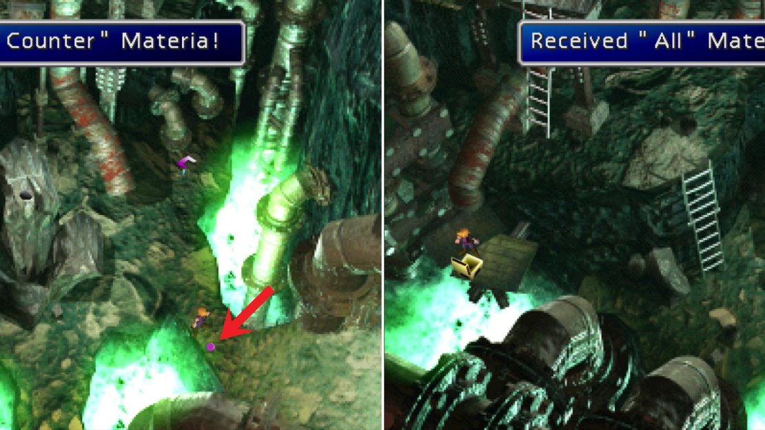 Grab the Counter Attack Materia from the fallen Materia Keeper (left), then take the chutes down to score various treasures, like this All Materia (right).