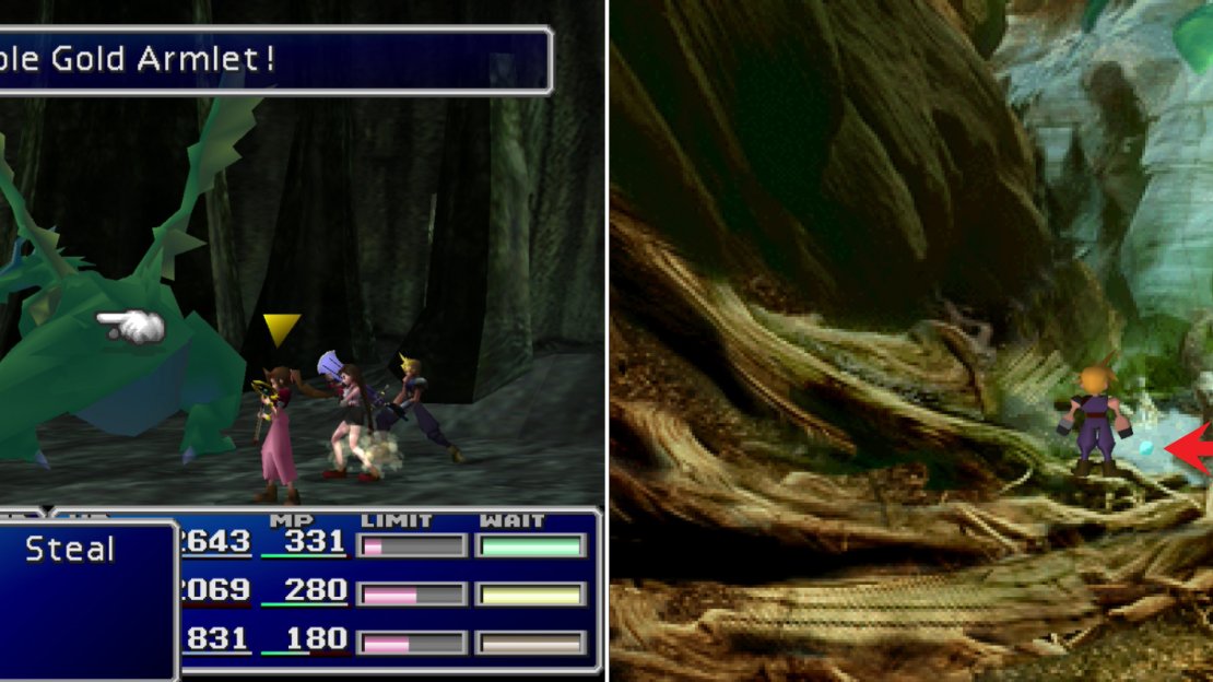 The Dragon is not only a powerful foe, but one that might be worth robbing (left). Grab the Elemental Materia near the Mako fountain Cloud, Tifa and Sephiroth visited five long years ago (right).