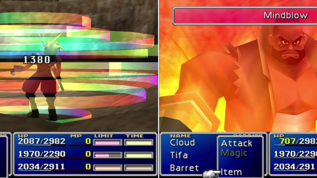 Rapps’ “Aero 3” attack can deal some wicked damage (left), but Barret’s Mind Blow Limit Break will deplete Rapps’ MP and deprive him of this attack (right).