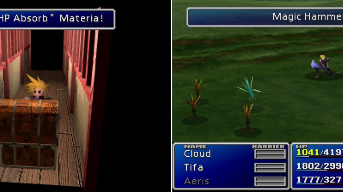 After recovering your Materia, find the HP Absorb Materia in the cat-filled house (left). Learn the “Magic Hammer” Enemy Skill from the Razor Weeds that dwell upon the grasslands outside of Wuiai (right).