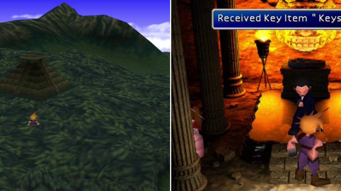 The Temple of the Ancients can be found in the midst of a jungle on an island south of Junon (left). Inside, an injured Tseng will hand over the Keystone, and reveal that your nemesis is inside (right).