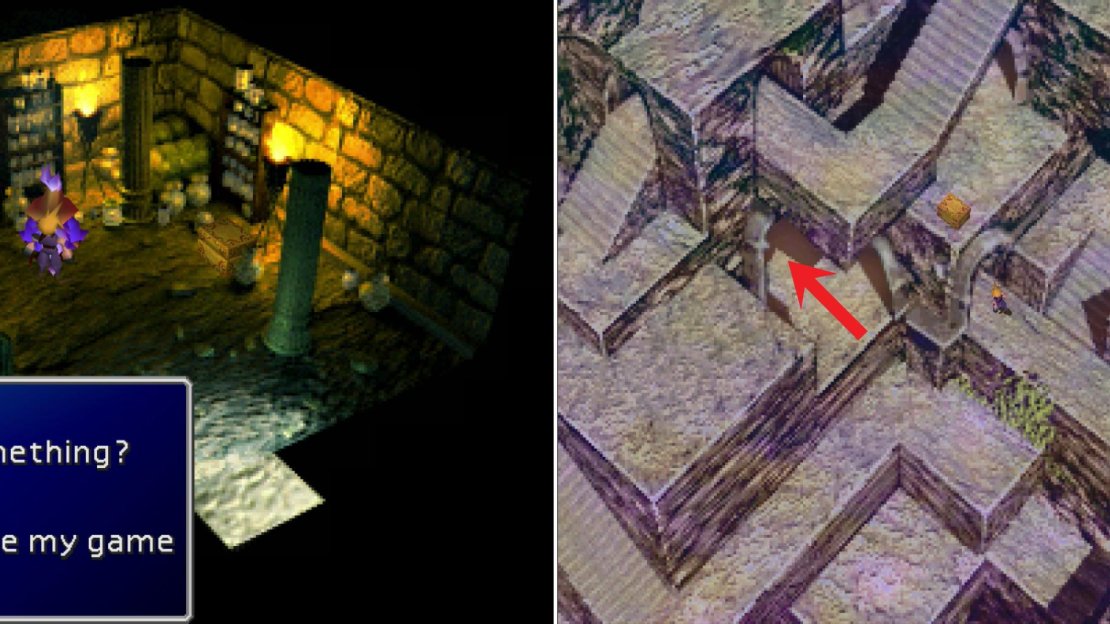 Chase down the Ancient spirit and it’ll provide a few basic - but useful - services (left). Make your way through the labyrinth to find the next area (the area transition is marked by the big red arrow!) (right).