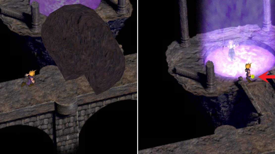 Run under each of the rolling rocks, using the hollow to your advantage (left). After wtinessing a scene, grab the Morph Materia near the vision pool (right).