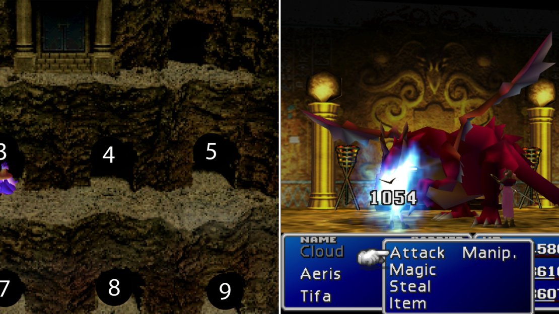 Chase the Ancient Spirit in and out various doors, Scooby-Doo style, the numbers on the image correspond to the directions give in the next (left). The Red Dragon uses plenty of fire elemental attacks and can deal decent damage, but it’s not an overly dangerous foe (right).