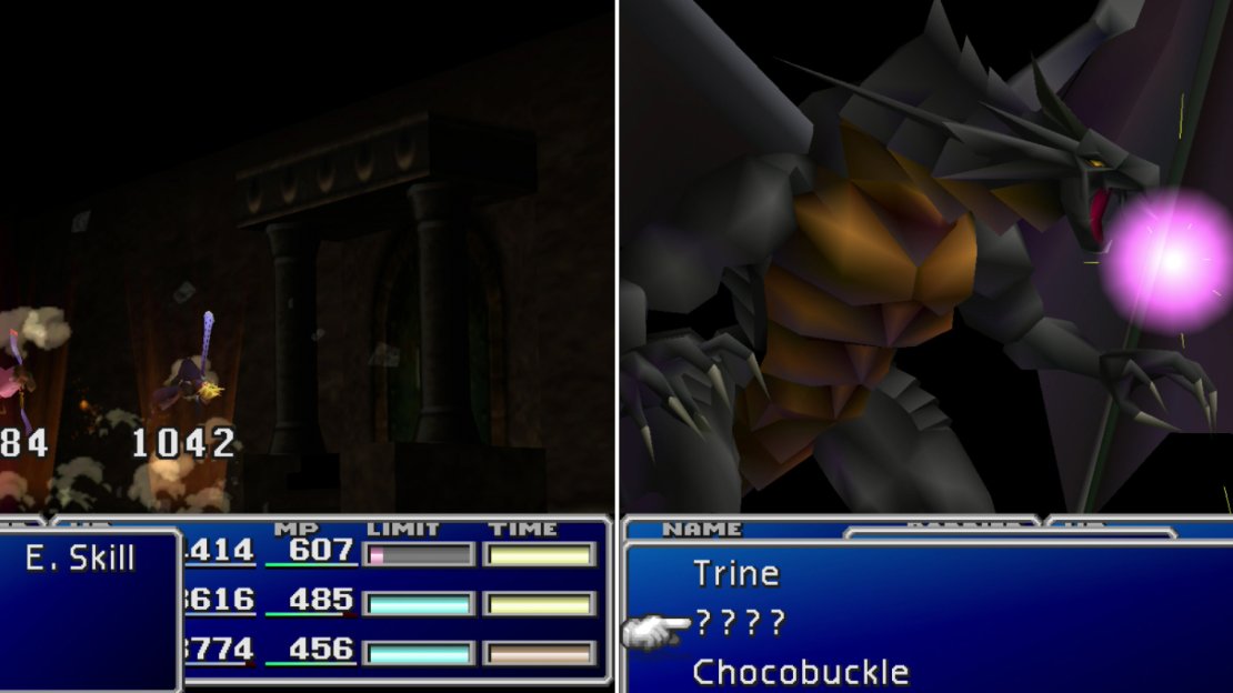 The Demons Gate’s “Demon Rush” attack can deal heavy damage to the entire party (left). Consider employing your new-found Bahamut Materia to shave off a hefty chunk of damage from this boss (right).