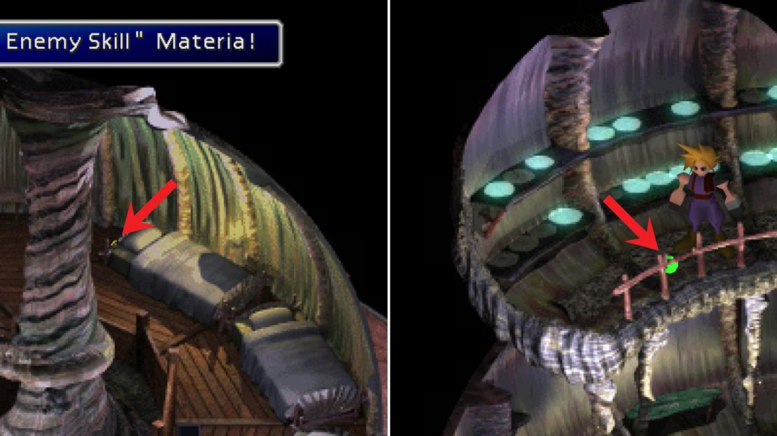 In the house the party rested in you can score a hidden bit of Enemy Skill Materia, barely visible behind one of the beds (left). In the structure near the lake you can find some Comet Materia (right).