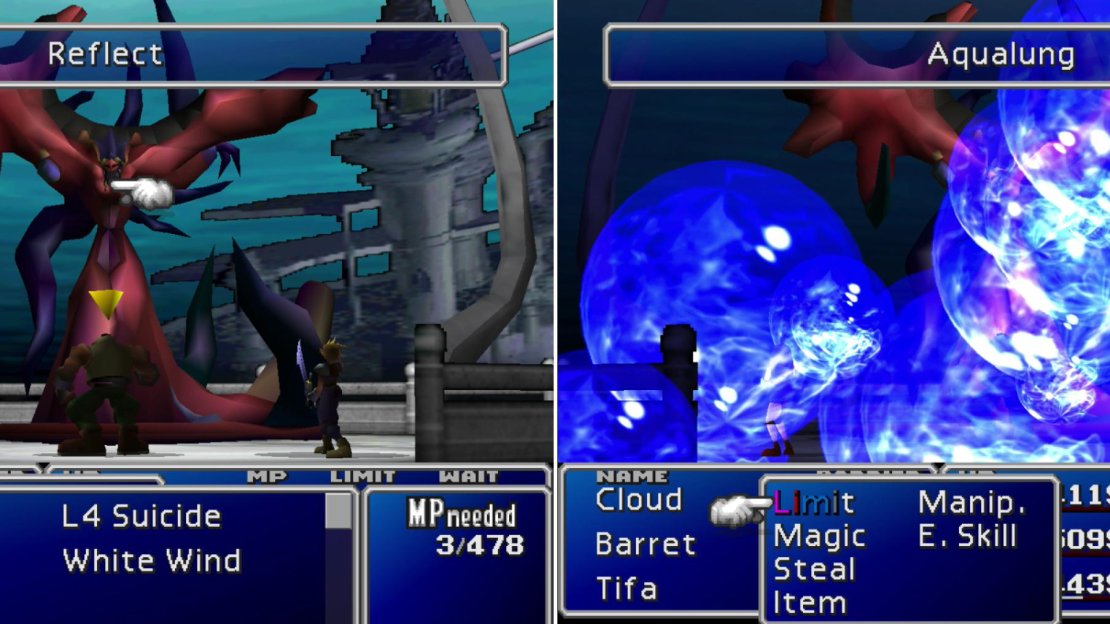 Once struck by magic, Jenova-LIFE will respond by casting “Reflect” (left). She also knows the “Aqualung” Enemy Skill (right).