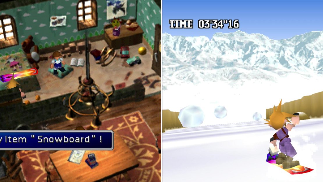 After encountering Elena, talk to the injured boy to get his “Snowboard” (left), then ride the perilous device down the slope to reach the Great Glacier (right).