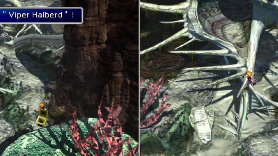 Run around the shell to find a chest containing a Viper Halberd (left) then leap up the shell’s spikes to reach the next area (right).