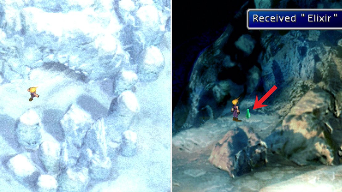 In the Ice Pillars area, enter the cave (left) and grab the Elixir inside (right).