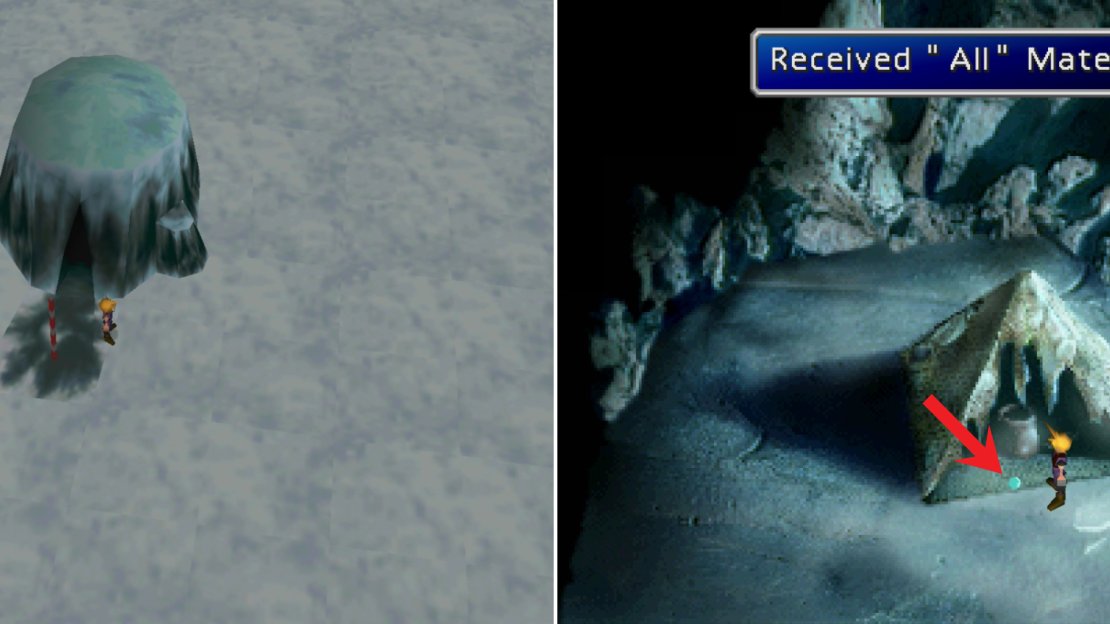 In the center of the Blizzard Tundra you’ll find a cave (left) inside of which you can find some All Materia (right).