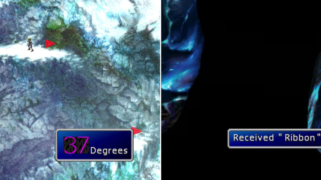 While scaling the outside of Gaea’s Cliff, warm up on ledges to prevent yourself from passing out (left). Be sure to grab the hidden Ribbon in the first of the caves in Gaea’s Cliff (right).