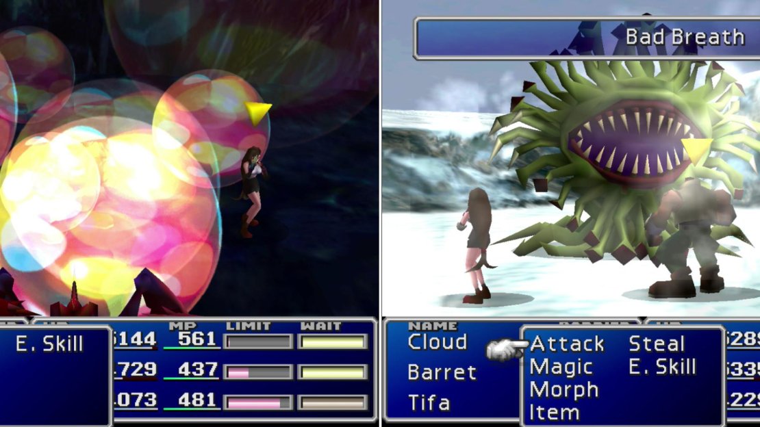 The Stilva knows the “Magic Breath” Enemy Skill, as well as Trine (left). The Malboro, a series staple, will use its signature “Bad Breath” Enemy Skill on you (right).