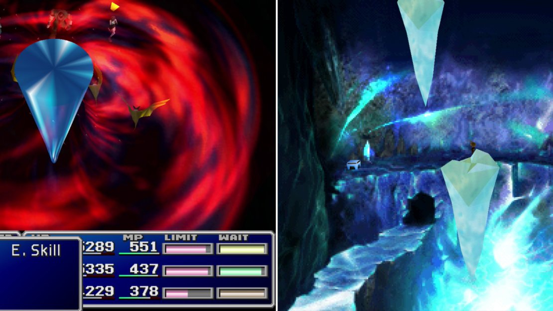 A single casting of “Beta” will wipe out Icicles and their attendant Evilheads (left). Destroy an Icicle and it’ll fall to the level below and create platforms for you to leap on (right).