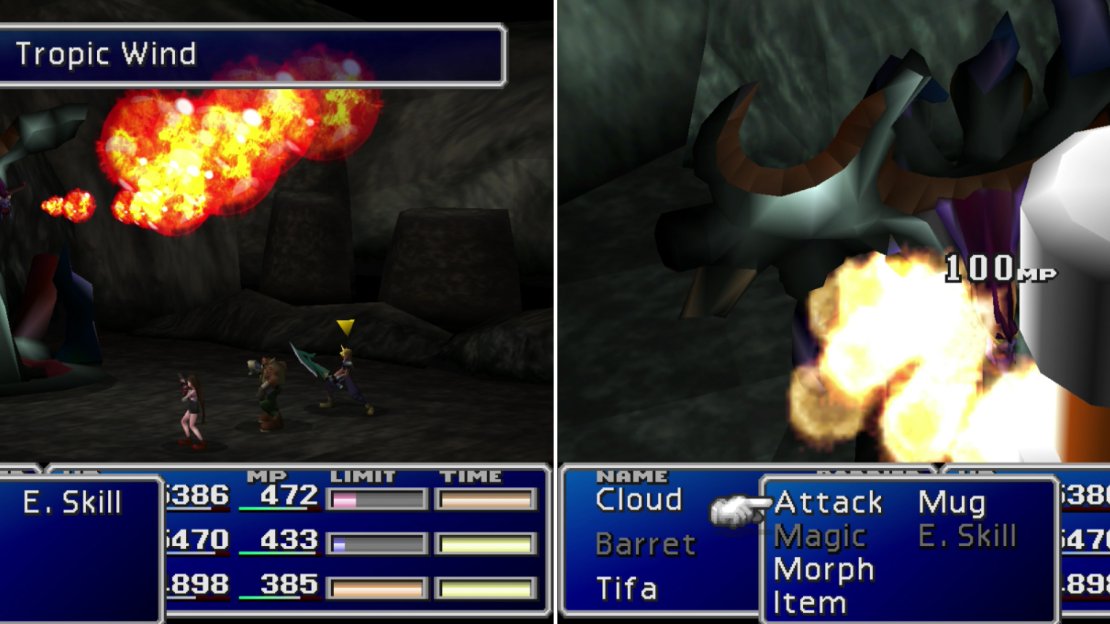 Jenova-DEATH’s attacks aren’t terribly powerful (left), and these weak attacks can be prevented entirely by draining all of Jenova-DEATH’s with “Magic Hammer” (right).