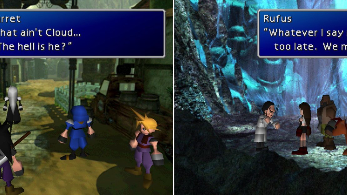 As Cloud closes in on the Promised Land, Sephiroth plays mind tricks with him by showing him illusions that call his past into question (left). After Cloud’s encounter with Sephiroth, the party and Shinra make odd bed-fellows (right).