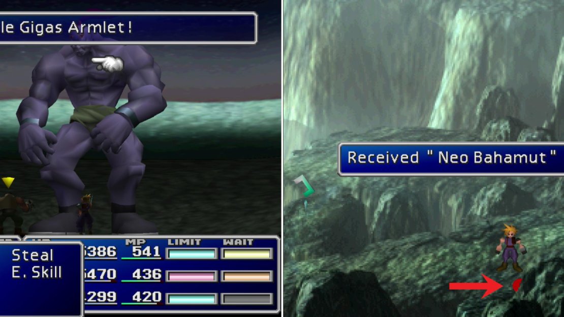 You can steal Gigas Armlets from aptly named Gigas foes (left). Be sure to grab the Bahamut Materia lying on the ground in the Whirlwind Maze (right).