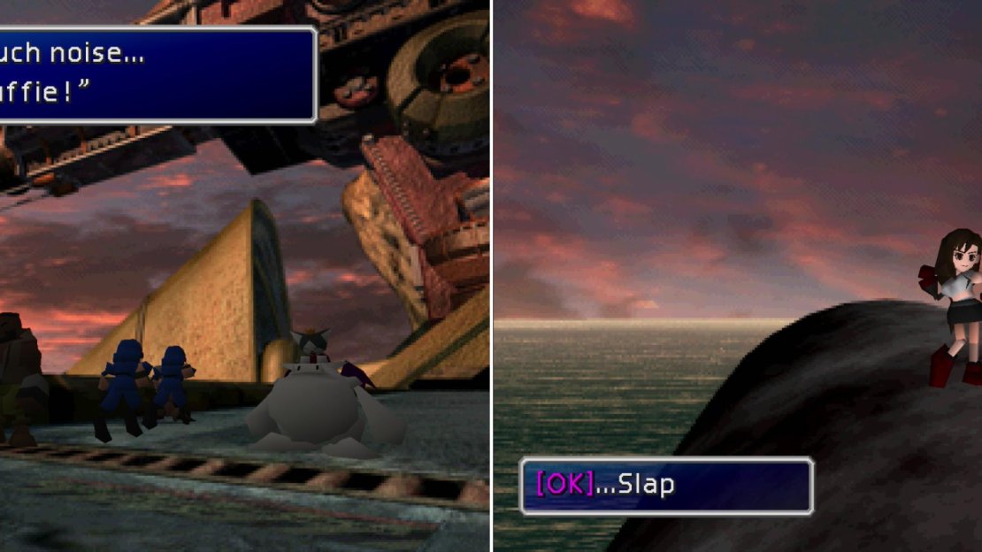 If you recruited her earlier, you’ll find Yuffie following Cait Sith’s lead by playing as a reporter (left). At the end of the Sister Ray, Scarlet and Tifa engage in an epic slap fight! (right)