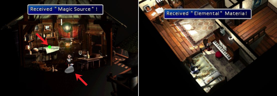 Search the item shop in Cosmo Canyon to score a Magic Source and the Full Cure Materia (left). If you &ldquo;jammed on&rdquo; Tifa&rsquo;s piano earlier in the game, you can search her piano again to recieve a piece of Elemental Materia (right).