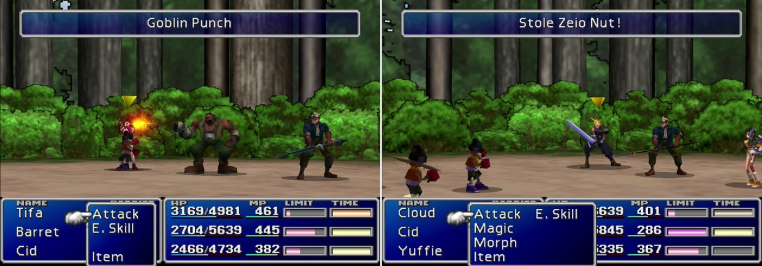 On Goblin Island you can learn the &ldquo;Goblin Punch&rdquo; Enemy Skill (left) and steal the valuable Zeio Nut (right).