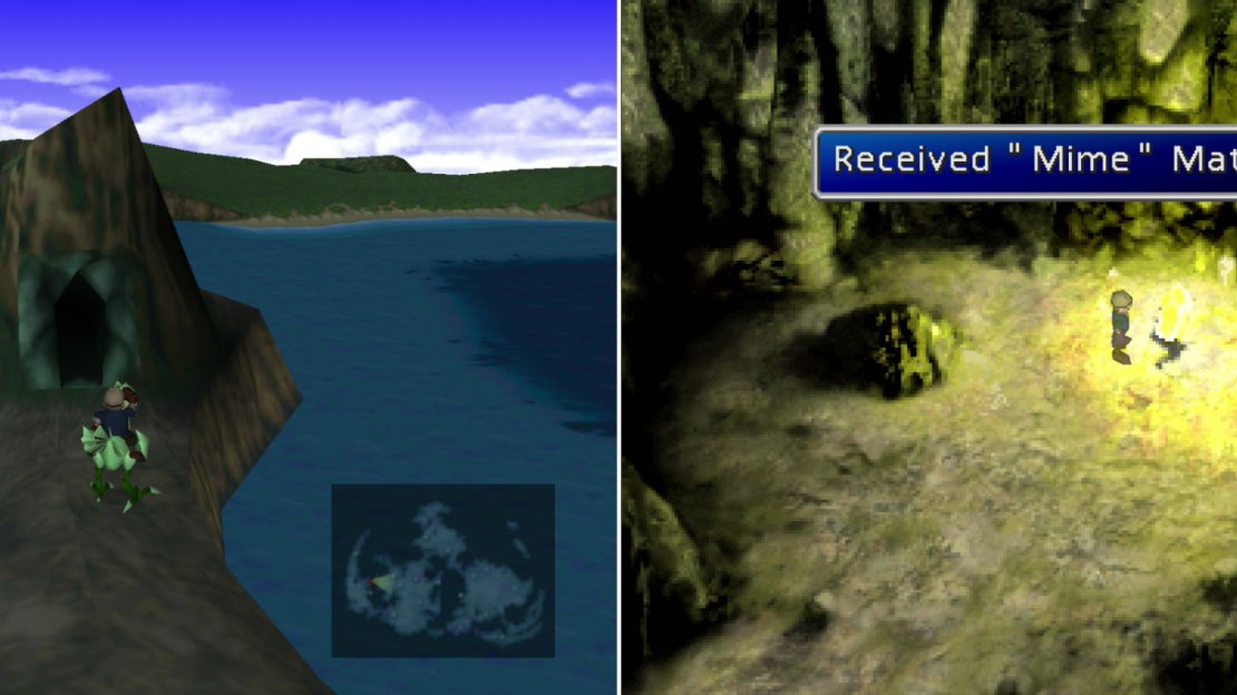 Find a cave near Wutai, which can be reached by riding a Green Chocobo (left). Inside you’ll find the immensely useful Mime Materia (right).