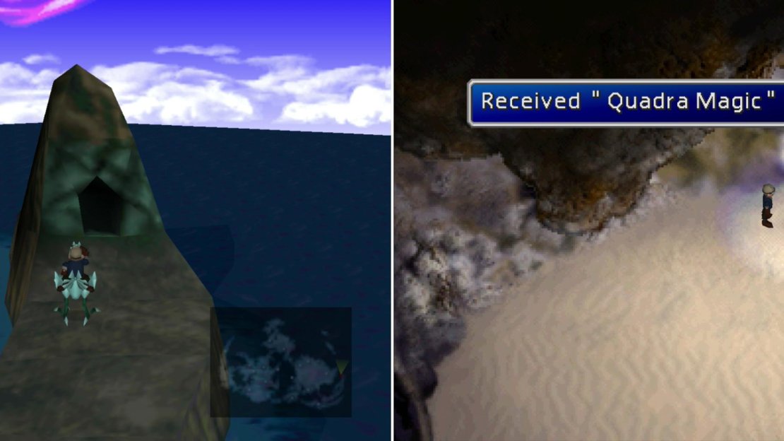 On the northern end of the island chain of which Mideel is part you’ll find a cave which can be reached with a Blue Chocobo (left). Inside is the useful Quadra Magic Materia (right).