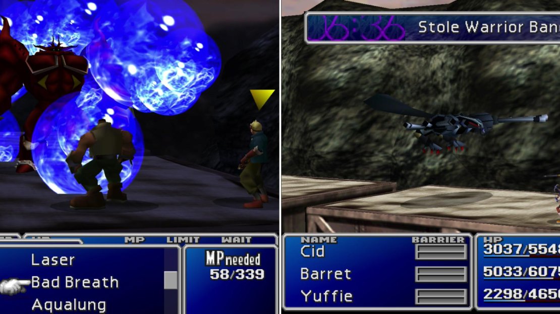 “Aqualung“ will do decent damage against the Wolfmeister enemy (left). Steal the unimpressive, but unique Warrior Bangle from the Eagle Gun (right).