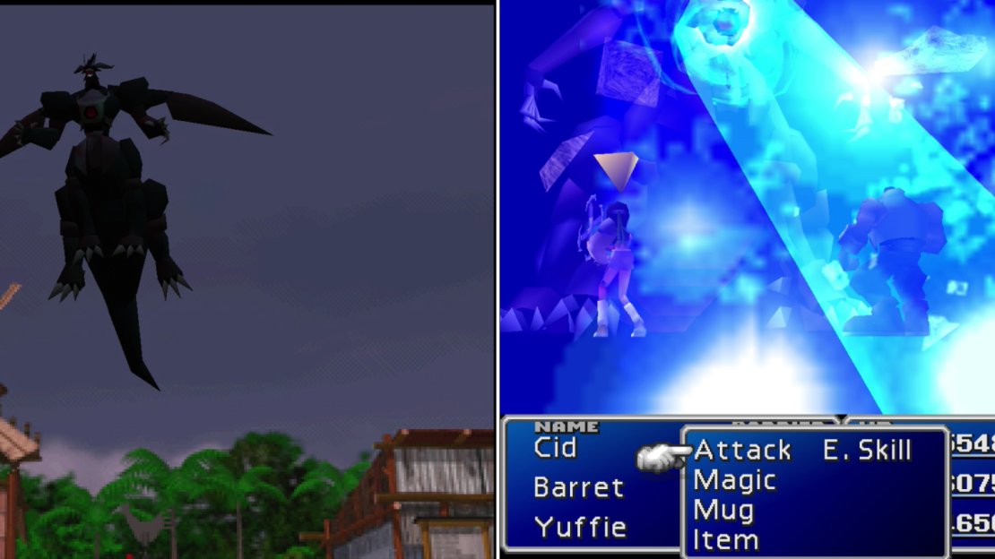 As the Lifestream threatens to erupt, Ultimate Weapon shows up to complicate matters (left). His “Ultima Beam” is fairly powerful, but Ultimate Weapon’s heart isn’t in this fight (right).