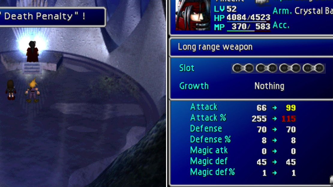 Visit Lucrecia’s cave behind the waterfall to obtain Vincent’s ultimate Limite Break, Chaos, and his ultimate weapon, Death Penalty (left). Boasting 99 Attack, this weapon charges the more foes Vincent kills (right).