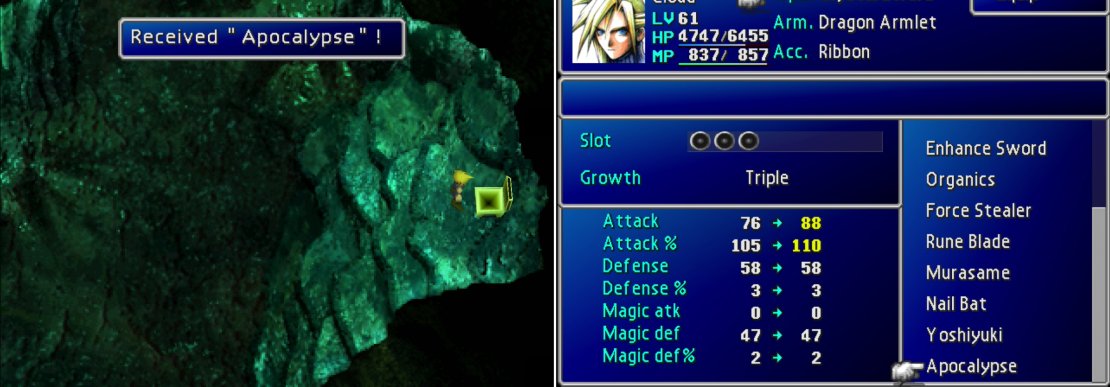 At the end of the Ancient Forest you&rsquo;ll find Apocalypse in a chest (left), one of the strongest weapons for Cloud in the game, and one of the best AP boosting weapons (right).