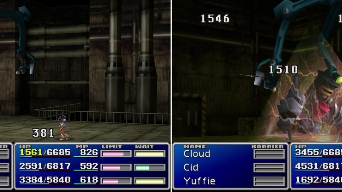 The Carry Armor’s arms will grab characters, rendering them helpless and occasionally damaging them (left). “Trine” is an effective attack to use against the lightning-weak Carry Armor (right).
