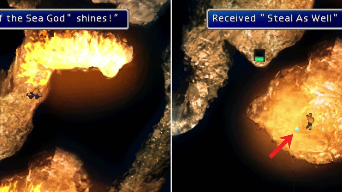 Use the Leviathan Scales to extinguish the flames in the caves on Da-chao (left) and claim some otherwise inaccessible loot, including the Steal As Well Materia (right).