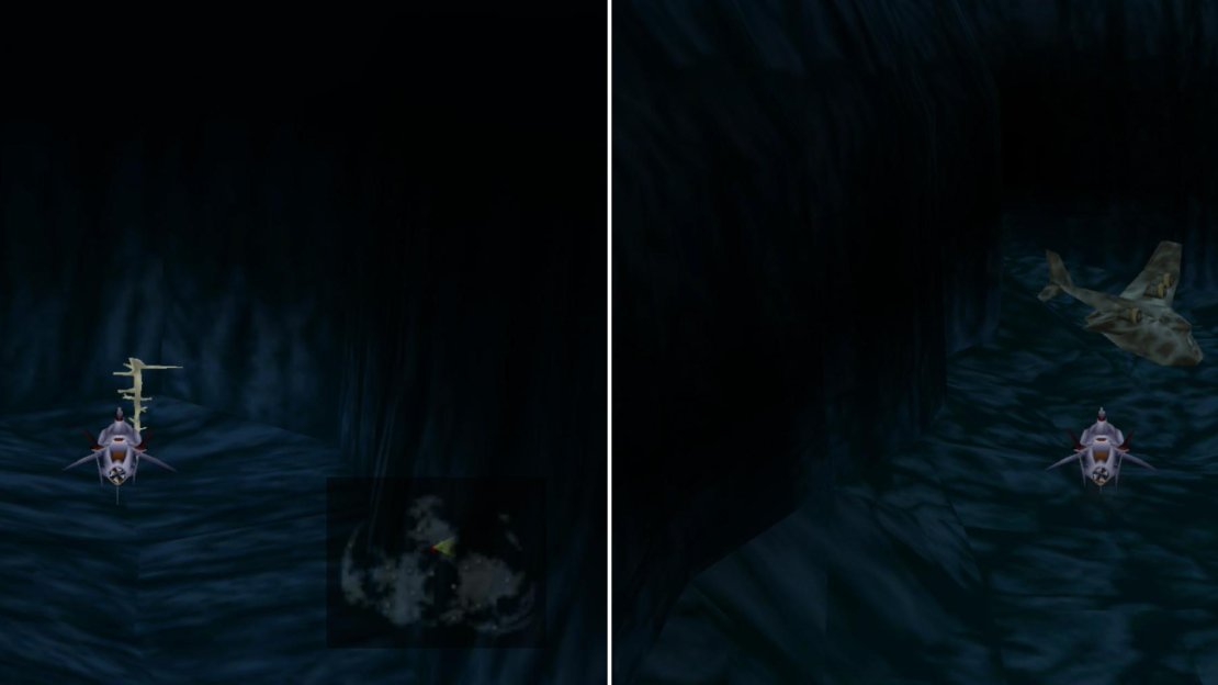 Find a cave along the northern continental shelf, in which you’ll find the Key of Ancients (left), then locate the sunken Gelnika on the sea floor near Costa del Sol (right).