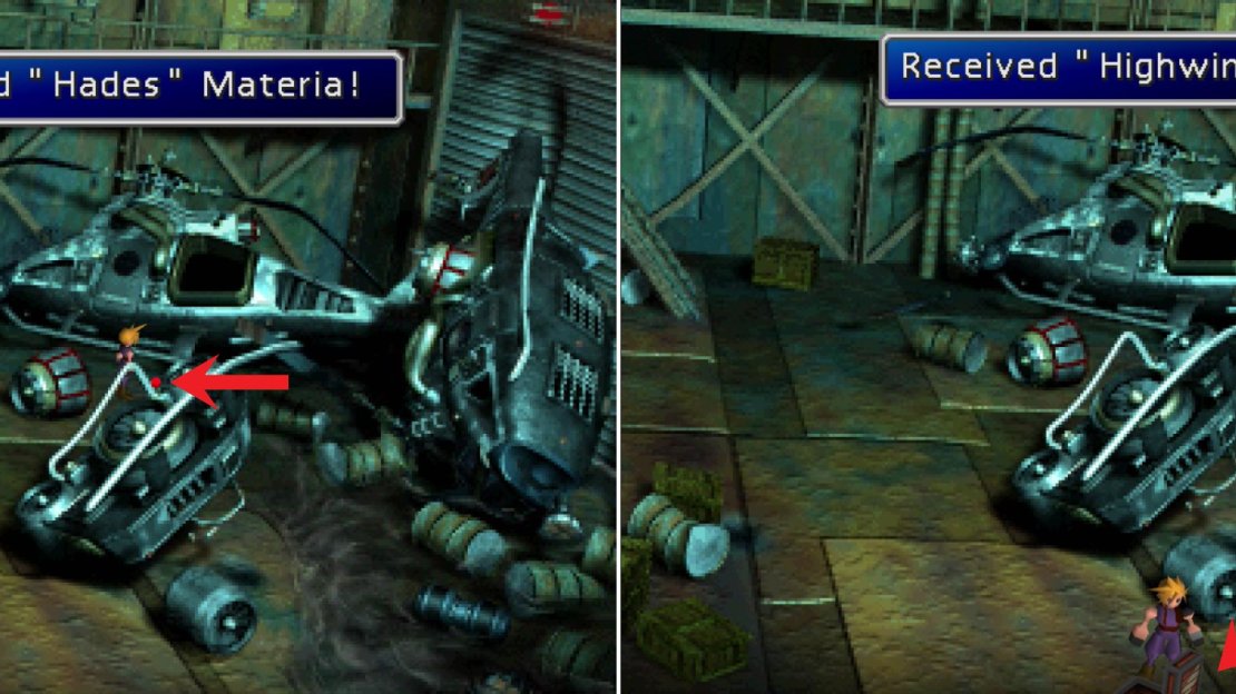 Find a piece of Hades Materia near a ruined helicoptor in the Cargo Room (left) then find Cid’s ultimate Limit Break “Highwind” in a chest along the southern end of the Cargo Room (right).