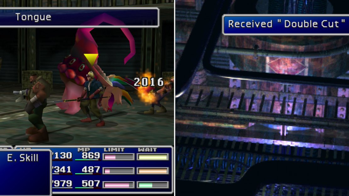 Be wary of the enemies in the Cargo Room and Research Room, as they’re some of the most dangerous foes in the game (left). Find Double Cut Materia behind a chest in the Research Room (right).