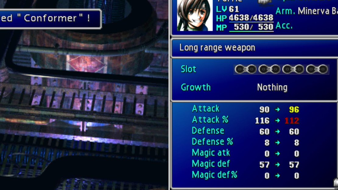 In a chest obscured by the foreground you’ll find Yuffie’s ultimate weapon, the Conformer (left). Not only is it Yuffie’s most powerful weapon, it’s also one of the strongest weapons in the game, thanks to how it charges (right).