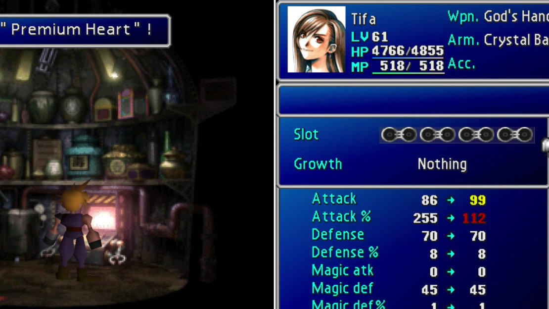 Molest the machine in the “ITEM” shop in Sector 6 to obtain Tifa’s ultimate weapon, the Premium Heart (left). Unfortunately for Tifa, the way it charges limits its usefulness compared to other ultimate weapons (right).