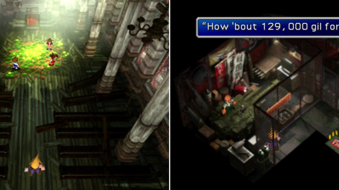 Aeris’s “ghost” will appear if you revisit the church in Sector 5 (left). You can talk to the junk-collecting weapon merchant in Sector 6 to buy the Sneak Glove accessory… but it bears a hefty price tag (right).