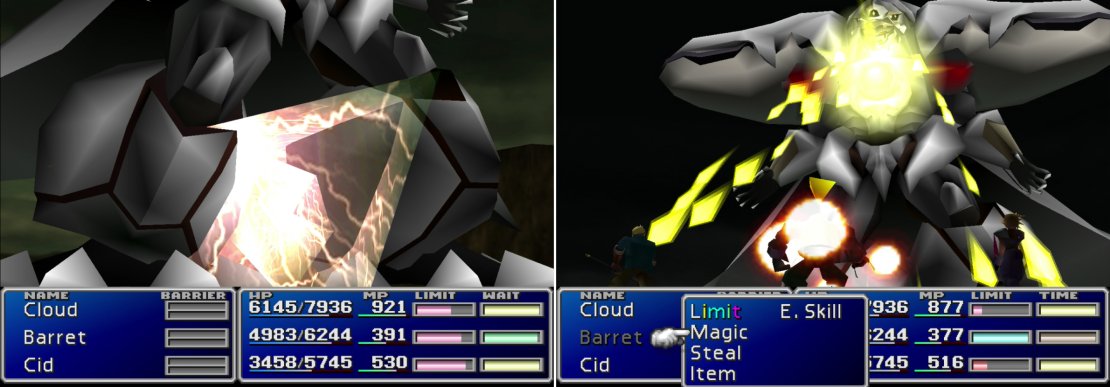 “Trine“ deals good damage to Diamond Weapon (left). If you use a Limit Break or cast a Summon spell, Diamond Weapon will counter with its “Diamond Flash” attack (right).