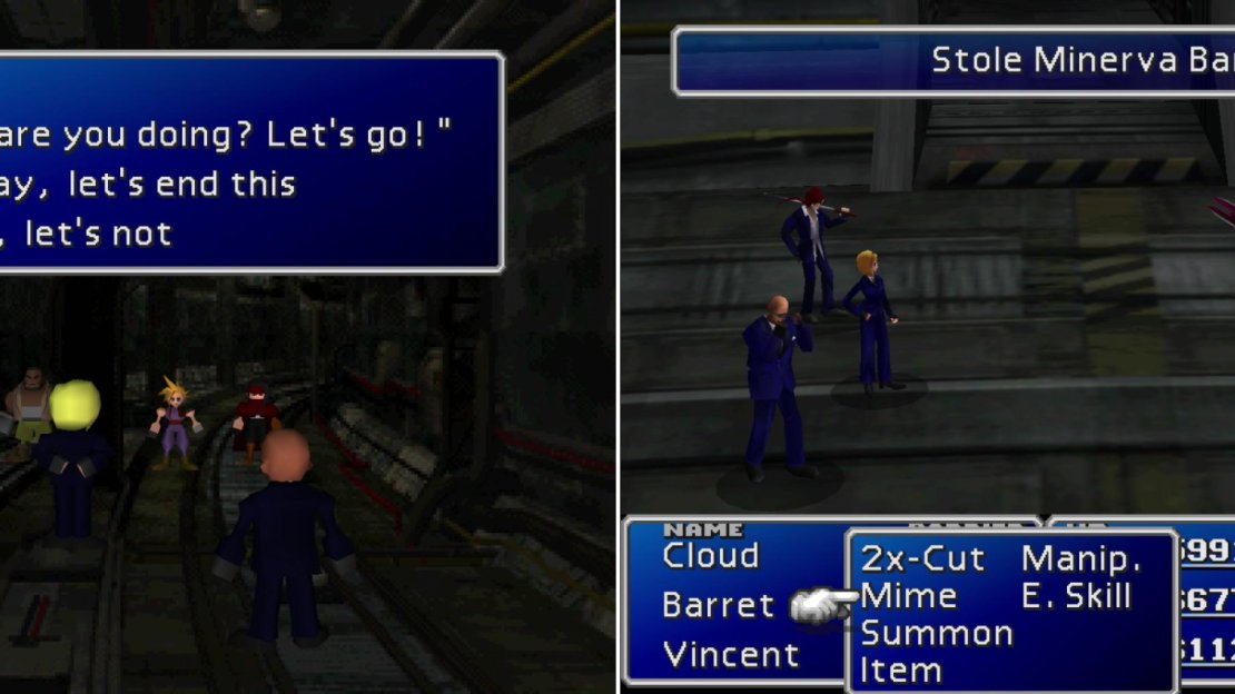 In the Winding Tunnel you’ll encounter the Turks for the final time. If you built up some camaraderie during Wutai, they’ll offer to live and let live (left). It’s more valuable to fight them, however, as you can score great loot from them (right).