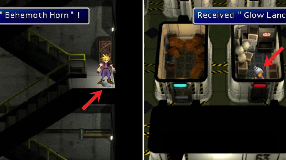 Find the Behemoth Horn weapon on the long staircase of Shinra Headquarters (left). On the 63rd Floor you can find the Glow Lance, a weapon for Cid (right).
