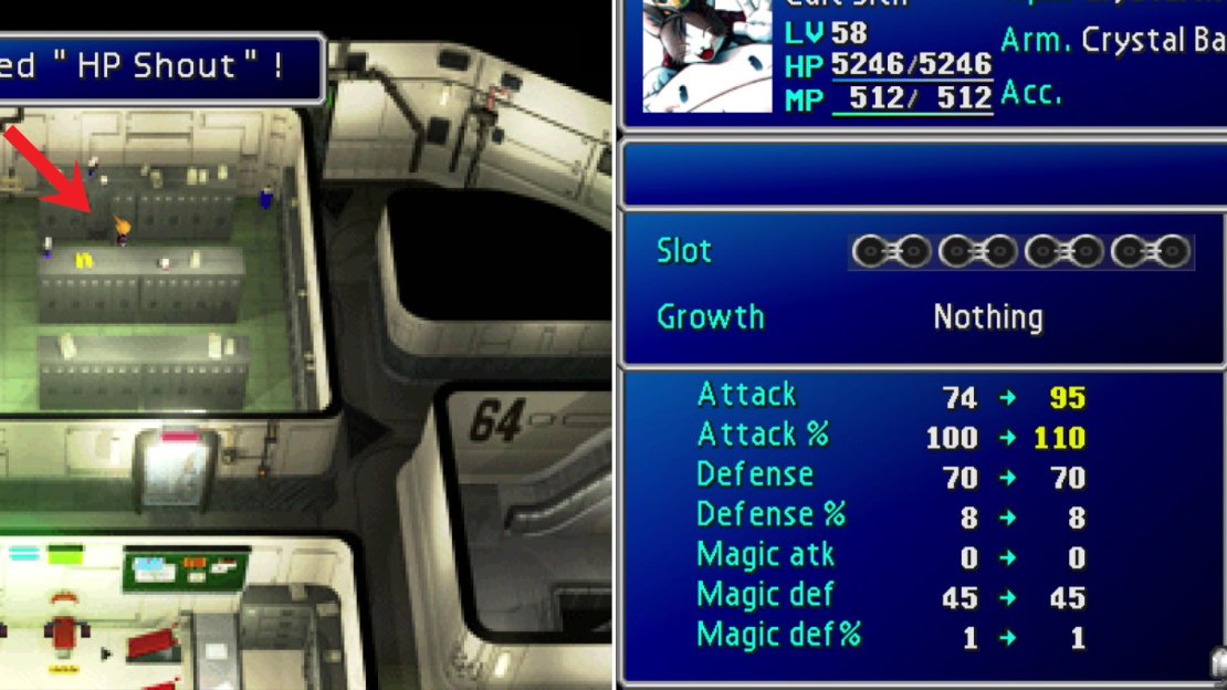 Return to the 64th Floor and search the lockers to claim the megaphone Cloud neglected earlier (left). This megaphone, the HP Shout, happens to be Cait Sith’s ultimate weapon, which deals more damage the fuller Cait Sith’s HP bar is (right).
