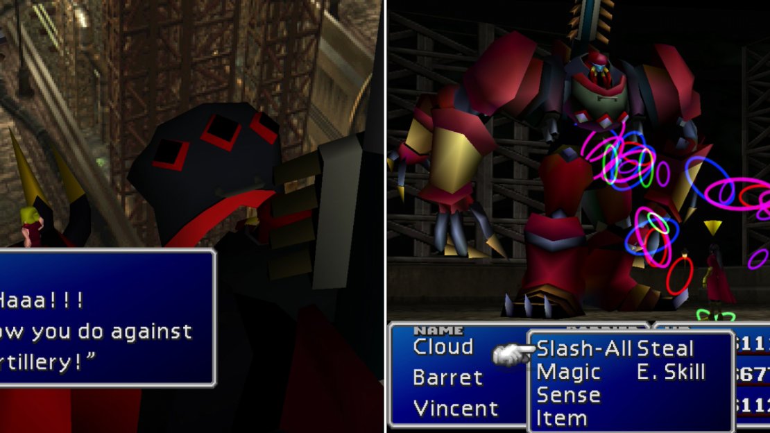 Heidegger and Scarlet will finally take a stand again you, piloting Proud Clod; an anti-Weapon unit developed by Shinra (left). Its “Materia-Jammer” attack will cast Reflect on a character, but Proud Clod can only use it as long as its Jamar Armor is intact (right).