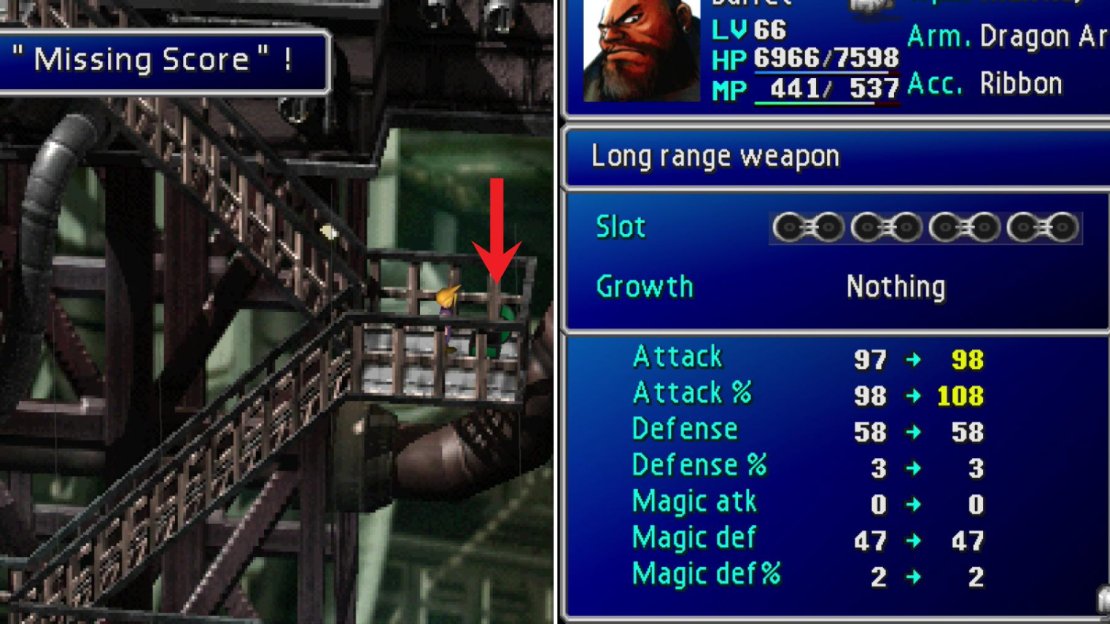 If Barrett is in your party you can find his ultimate weapon, the Missing Score, on the scaffolding leading up to the Sister Ray (left). This wonderful weapon charges based on how much AP is equipped in it (right), allowing him to do massive damage when he’s properly equipped.