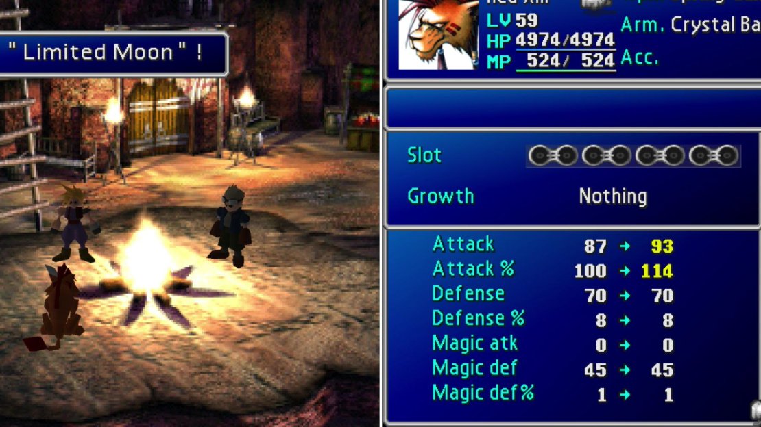 Talk to Bugenhagen after the events at the Forgotten City to obtain Red XIII’s ultimate weapon, the Limited Moon (left). Like Cid’s weapon, the Limited Moon charges based on how full Red XIII’s MP bar is (right).