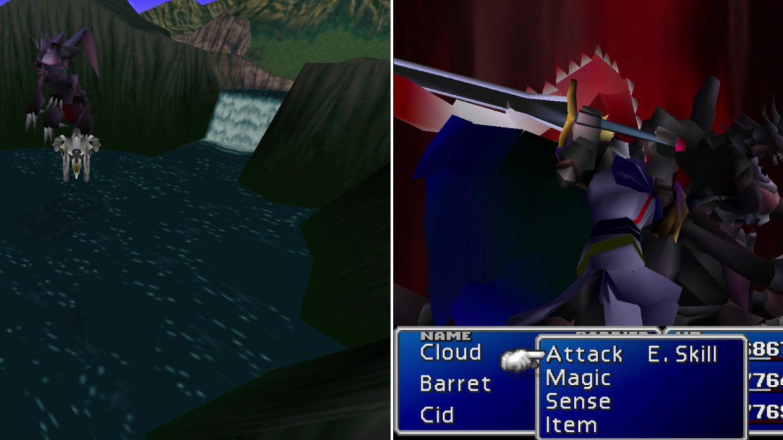 Find Ultimate Weapon biding its time in a crater near Junon (left). Normally you have to engage the monster in multiple encounters, but one good casting of Knights of the Round will send Ultimate Weapon to the final encounter (right).
