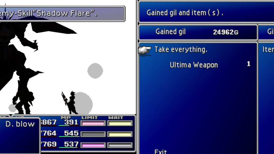 When Ultimate Weapon dies it’ll perform Shadow Flare as a final attack, making it a fine time to learn this potent Enemy Skill (left). Aside from a mighty plunder of XP, AP and Gil you’ll obtain Cloud’s Ultimate Weapon… Ultima Weapon! (right).