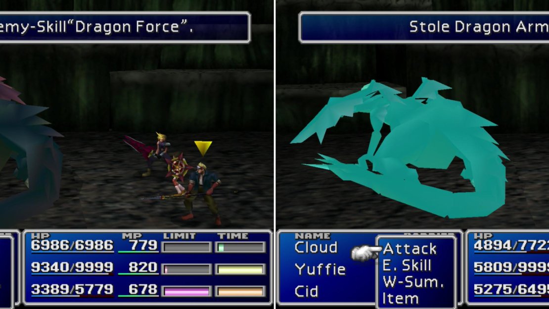 You can learn the “Dragon Force” and “Laser” Enemy Skills from Dark Dragons (left), you can also steal Dragon Armlets from them (right).